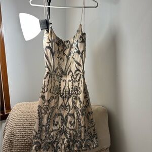 Beaded Nude and Silver Mini Dress